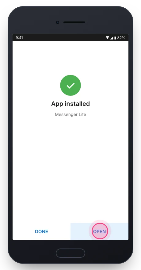 App installed screen with Open button